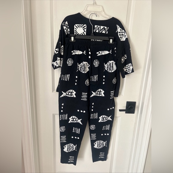 Vintage 80s Cotton Fields Black White  Graphic Fish Pant Top Set  Beach S/M - Picture 3 of 10